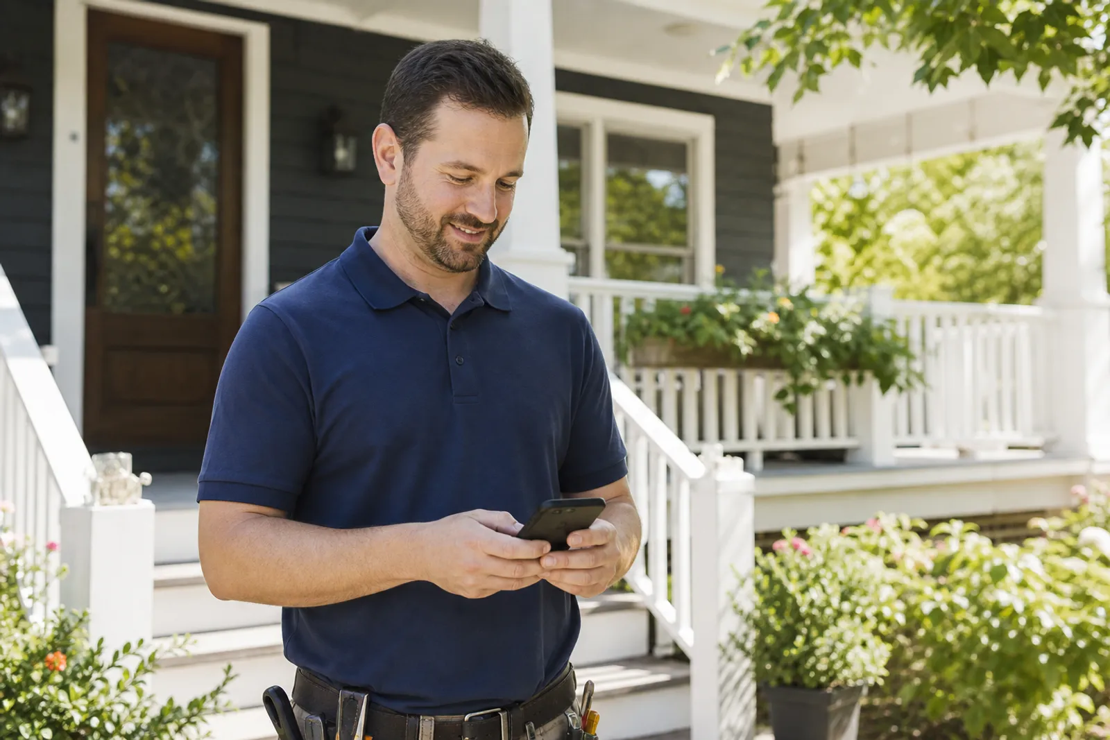 A local home-service owner reads the redesign of their website on their phone